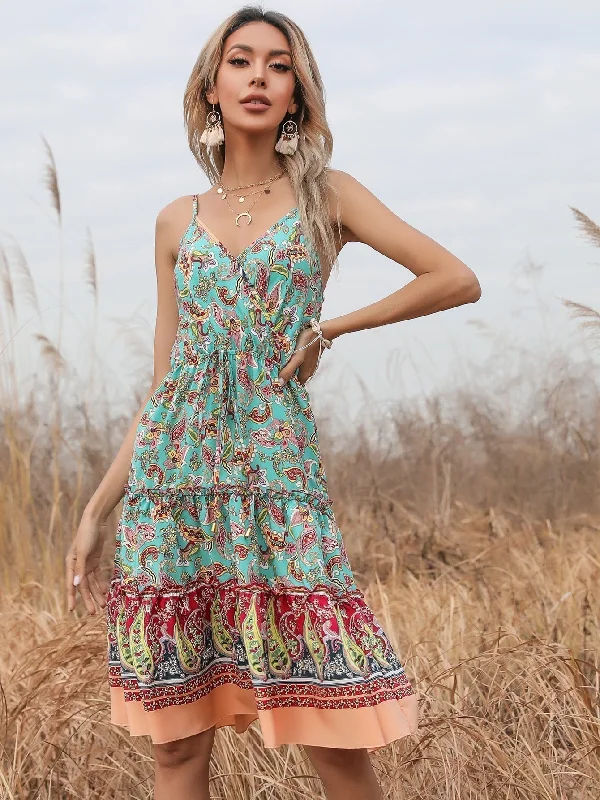 KittenAlarm - boho Floral print Sleeveless ruffle hem Belted Wrap Cami Dress