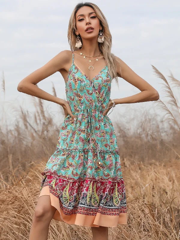 KittenAlarm - boho Floral print Sleeveless ruffle hem Belted Wrap Cami Dress