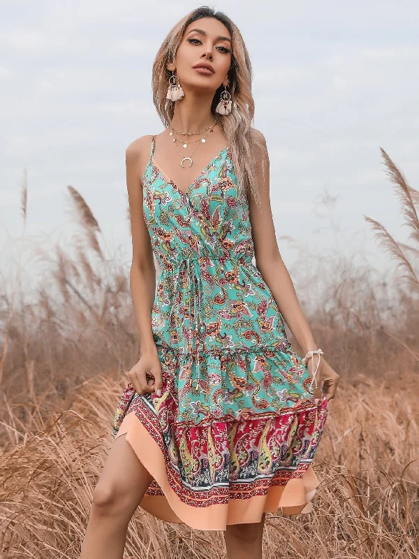 KittenAlarm - boho Floral print Sleeveless ruffle hem Belted Wrap Cami Dress