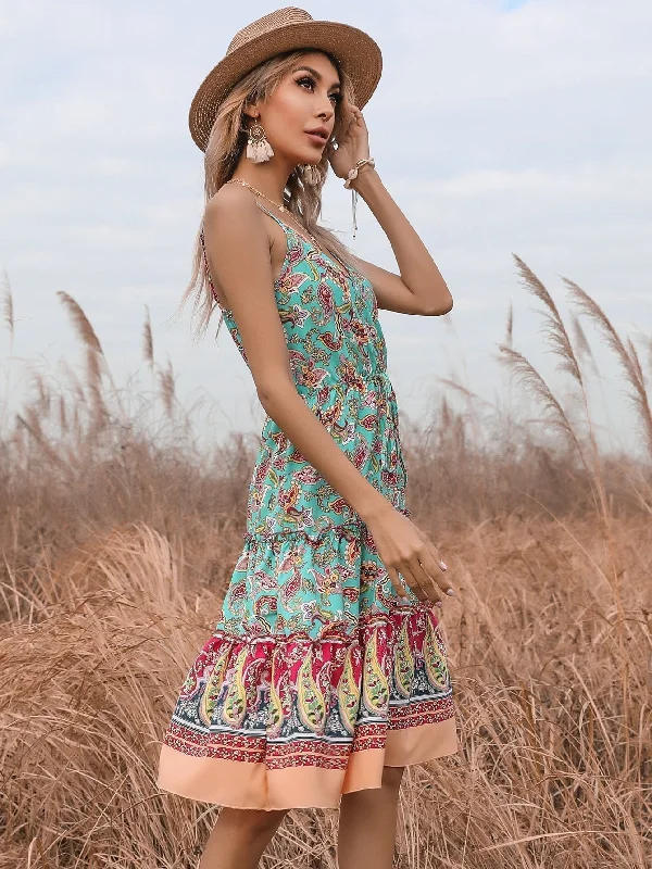 KittenAlarm - boho Floral print Sleeveless ruffle hem Belted Wrap Cami Dress