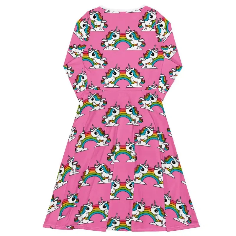 UNIQUE pink - Midi dress with long sleeves and handy pockets with unicorns and rainbows