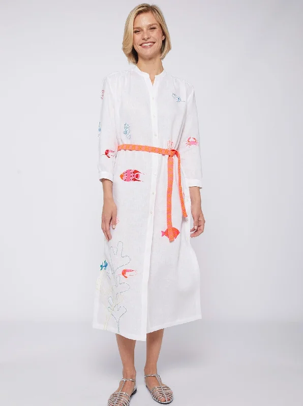 Amina Dress in Embroidered White Linen