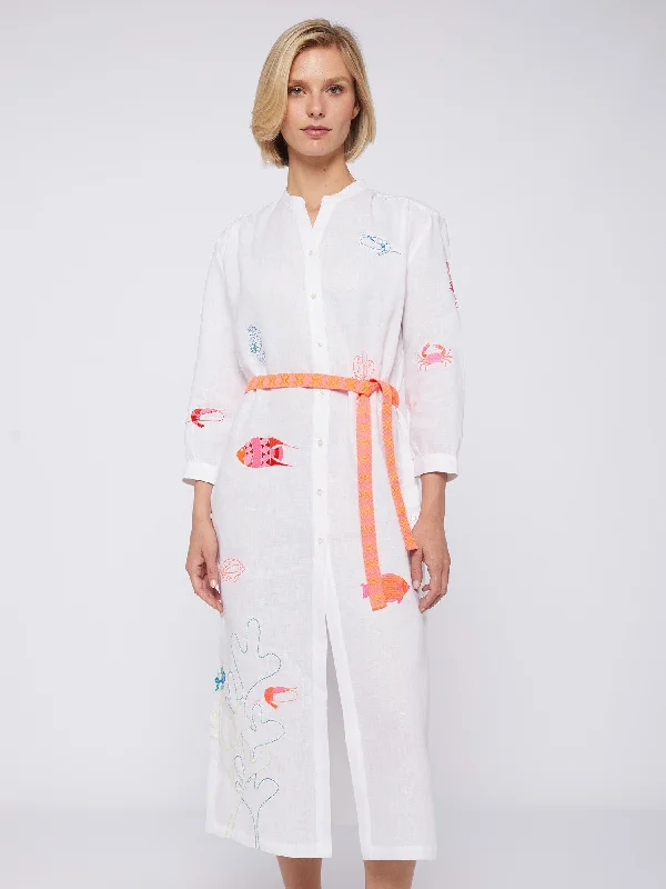 Amina Dress in Embroidered White Linen