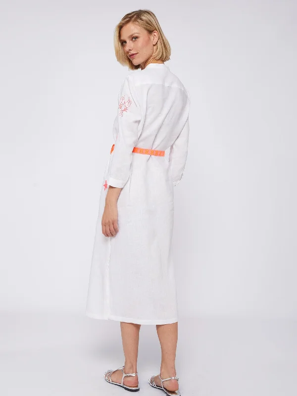 Amina Dress in Embroidered White Linen