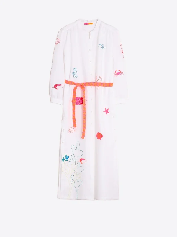 Amina Dress in Embroidered White Linen