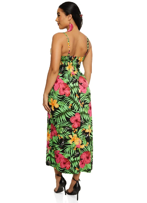 Tropical Print Smocked Waist Sundress