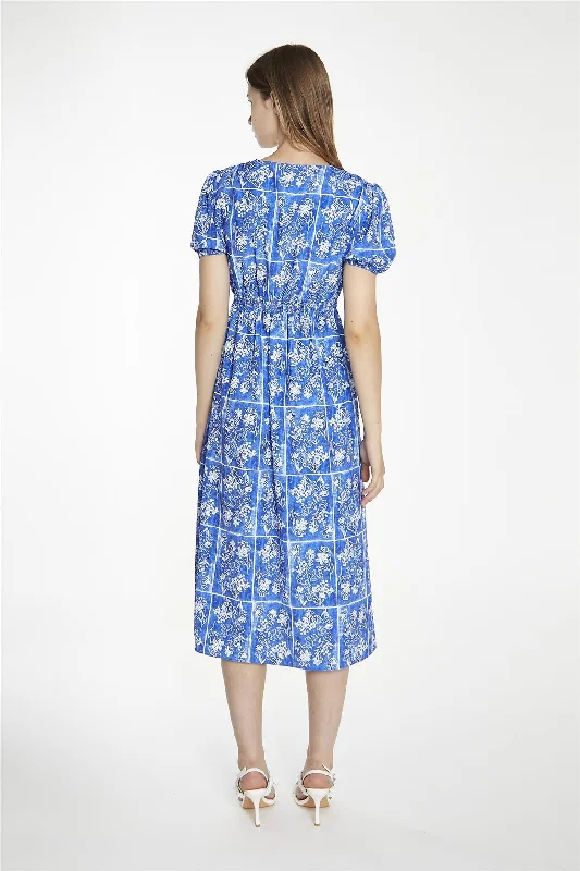 Blue-Tile Button-Front Midaxi-Dress