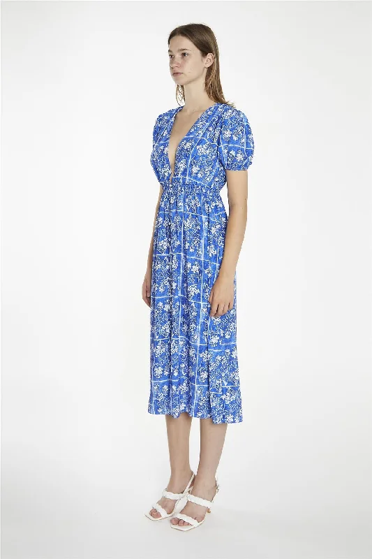 Blue-Tile Button-Front Midaxi-Dress