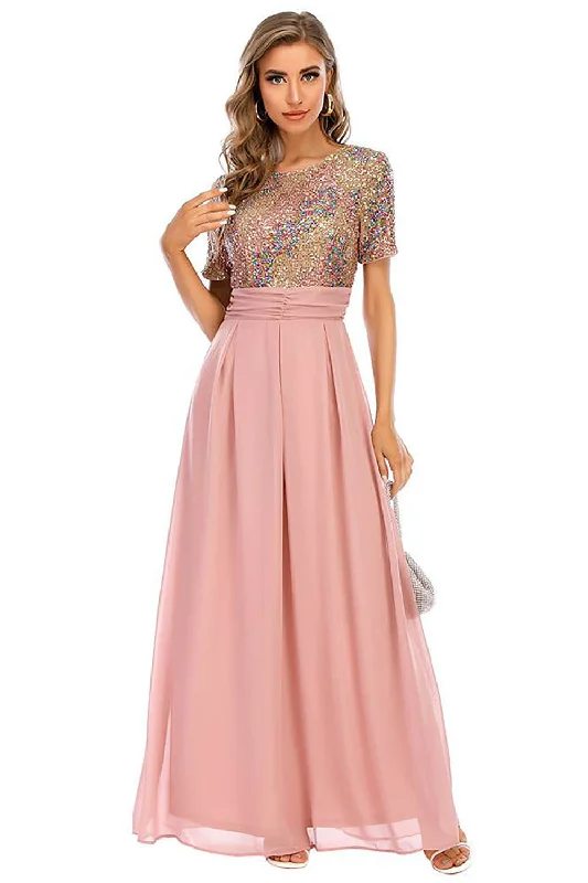 Blush Sequin A-line Round Neck Short Sleeves Long Evening Dress