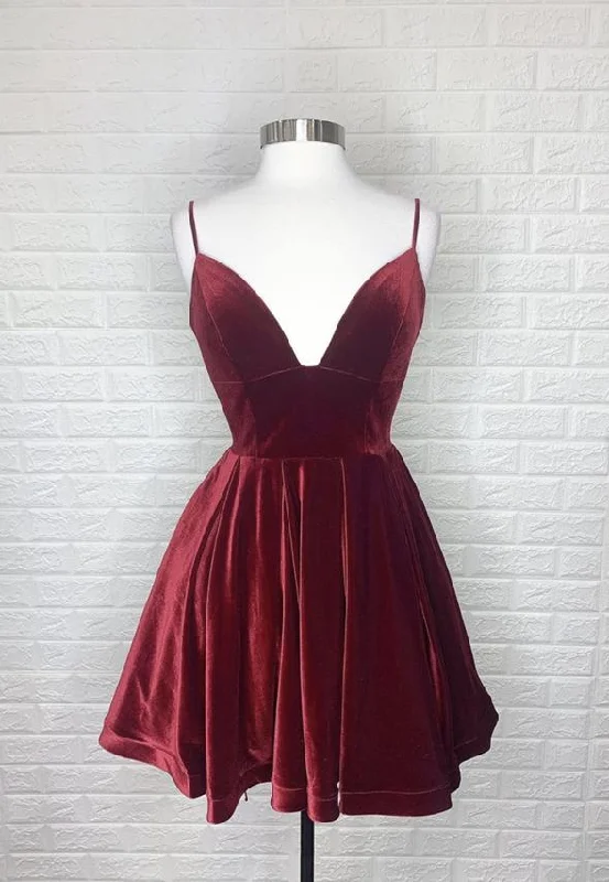 Burgundy velvet short prom dress party dress M56