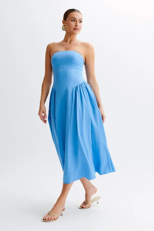 Carmele Cotton Gathered Midi Dress - Iris Blue