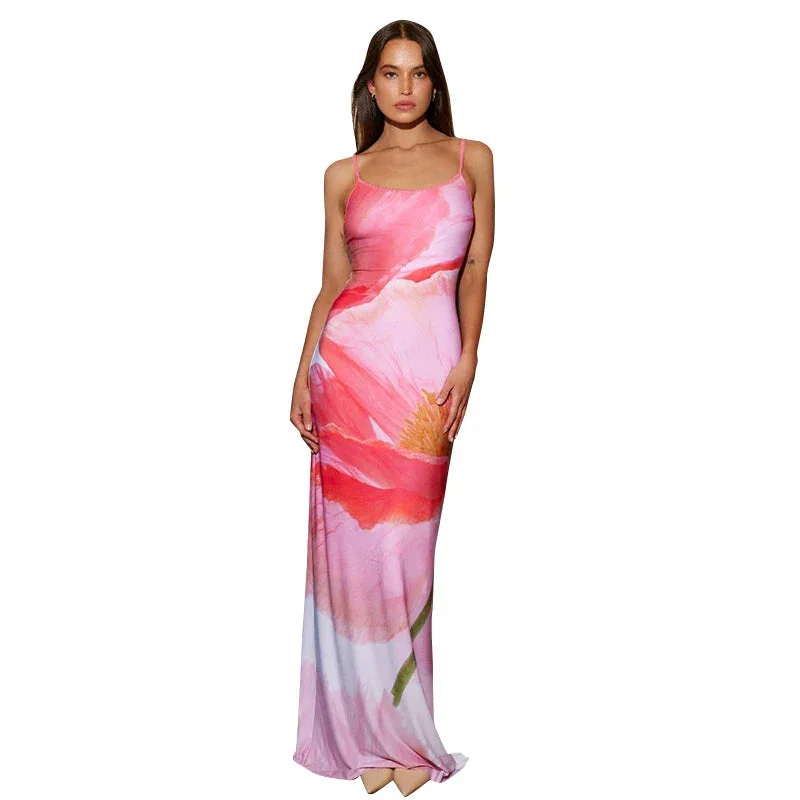 Spaghetti Backless Slim Fashion Strapless Contrast Patchwork Beach Printed Maxi Dress Women Dresses