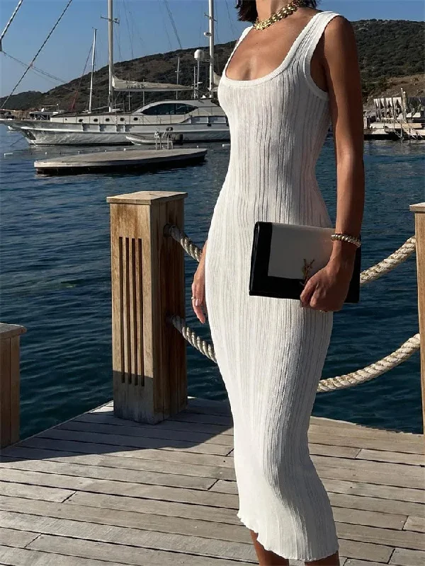 White Knitted Women Summer Fashion Square Colloar Sleeveless Bodycon Party Lady Casual 2024 Midi Dress