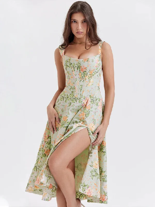 High Split Print A-line Spaghetti Strap Spring Summer Long Sexy Midi Dress