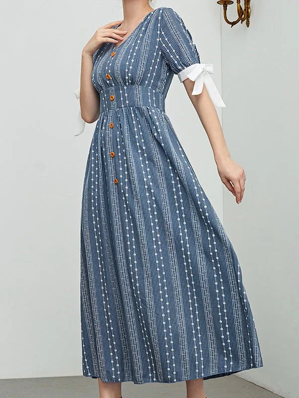 Dresses V-Neck Print Button Short Sleeve Dress for Women