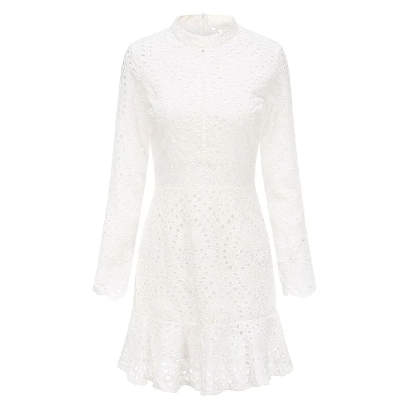 Elegant White Lace Embroidery Mini Party Dress Long Sleeve Ruffle Hollow Out Office Dress Vintage Slim Short Formal Dresses