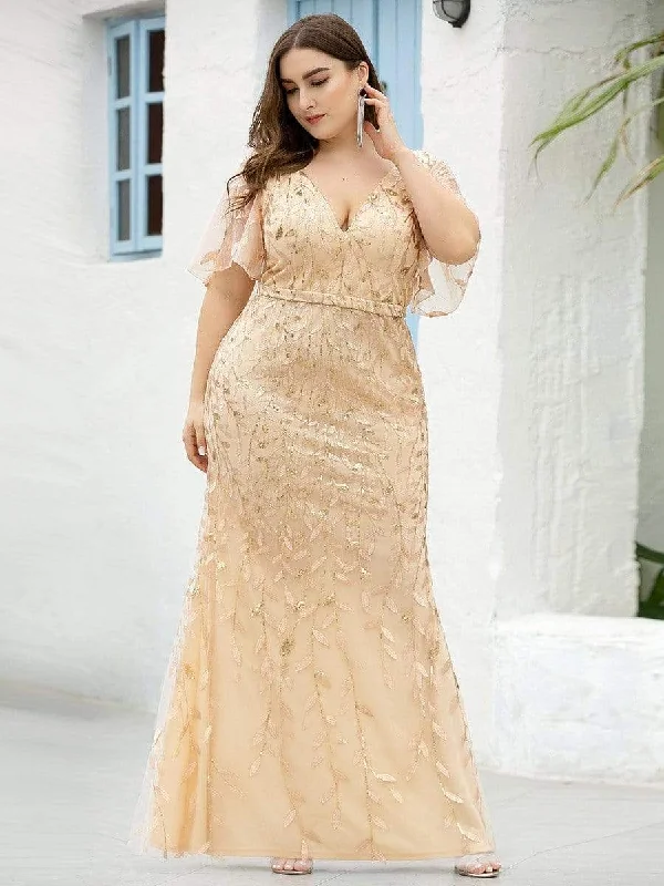 Fashion Plus Size V Neck Mermaid Sequin & Tulle Evening Dress