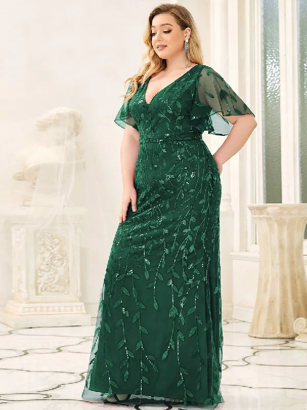 Fashion Plus Size V Neck Mermaid Sequin & Tulle Evening Dress