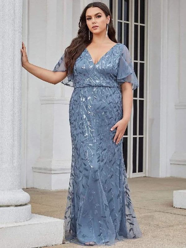 Fashion Plus Size V Neck Mermaid Sequin & Tulle Evening Dress