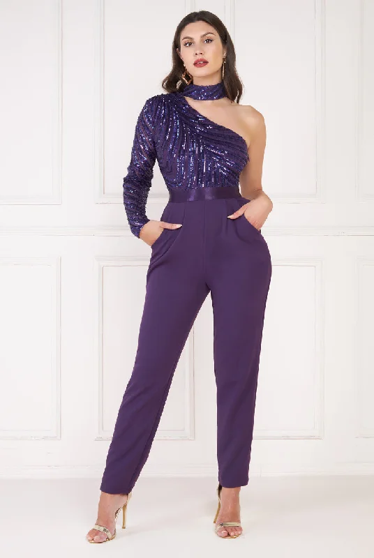 Goddiva One Shoulder Sequin Bodice Jumpsuit