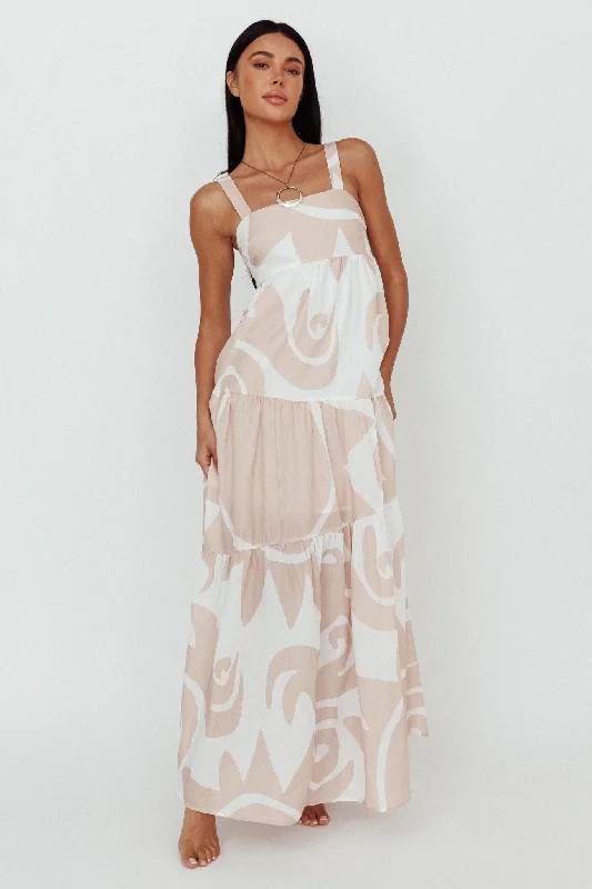 Indianna Square Neckline Maxi Dress Printed Sand/White