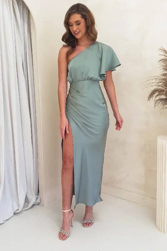 Jenna Soft Satin One Shoulder Maxi | Olive