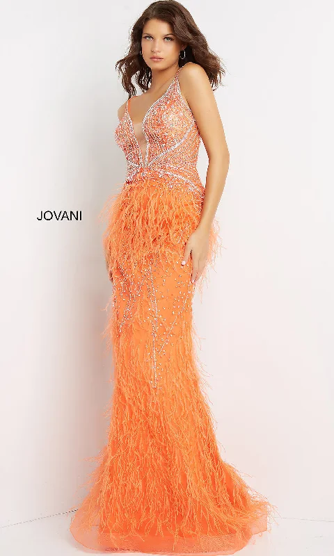 Jovani Sheer-Bodice Long Prom Dress with Feathers