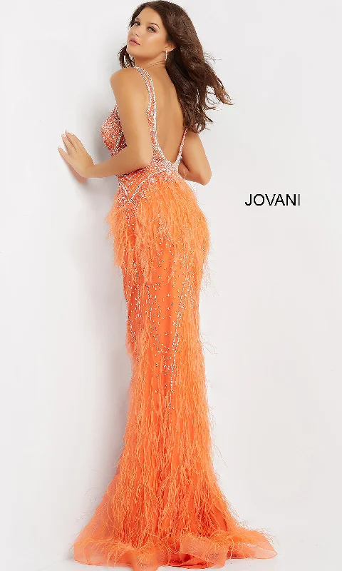 Jovani Sheer-Bodice Long Prom Dress with Feathers