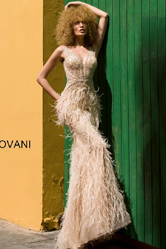 Jovani Sheer-Bodice Long Prom Dress with Feathers