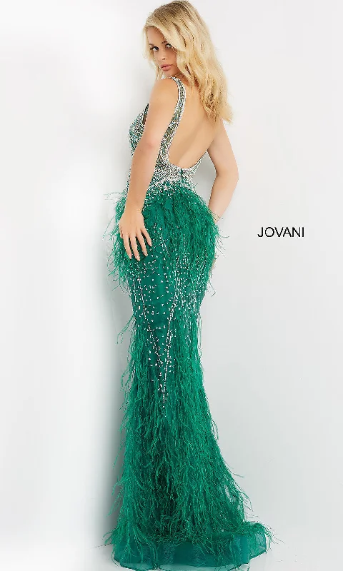 Jovani Sheer-Bodice Long Prom Dress with Feathers