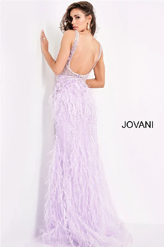 Jovani Sheer-Bodice Long Prom Dress with Feathers