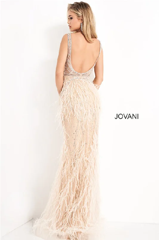 Jovani Sheer-Bodice Long Prom Dress with Feathers