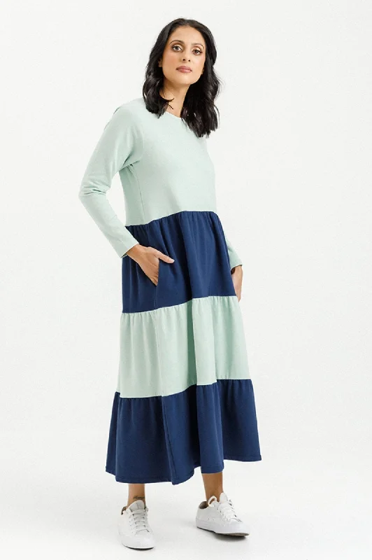 Kendall Long Sleeve Dress - Indigo and Seafoam Panels