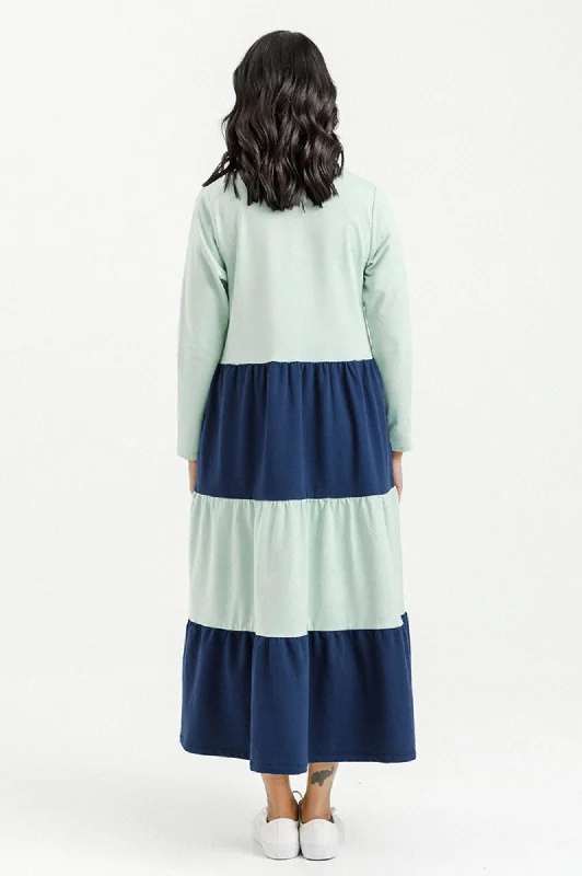 Kendall Long Sleeve Dress - Indigo and Seafoam Panels