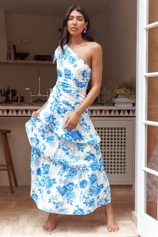 Kenny One Shoulder Tiered Maxi Dress Blue