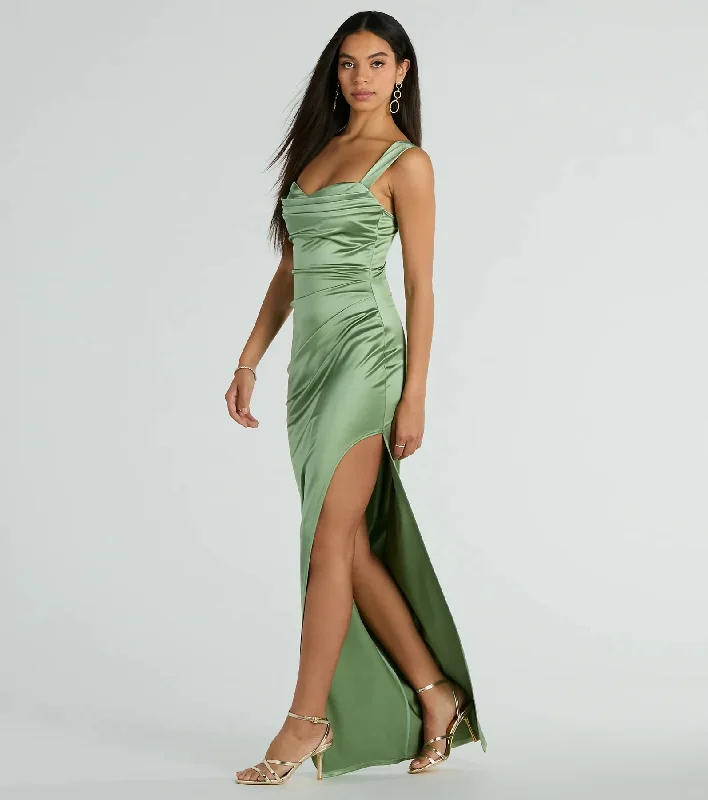 Kirsten Satin Cowl Neck High Slit Formal Dress