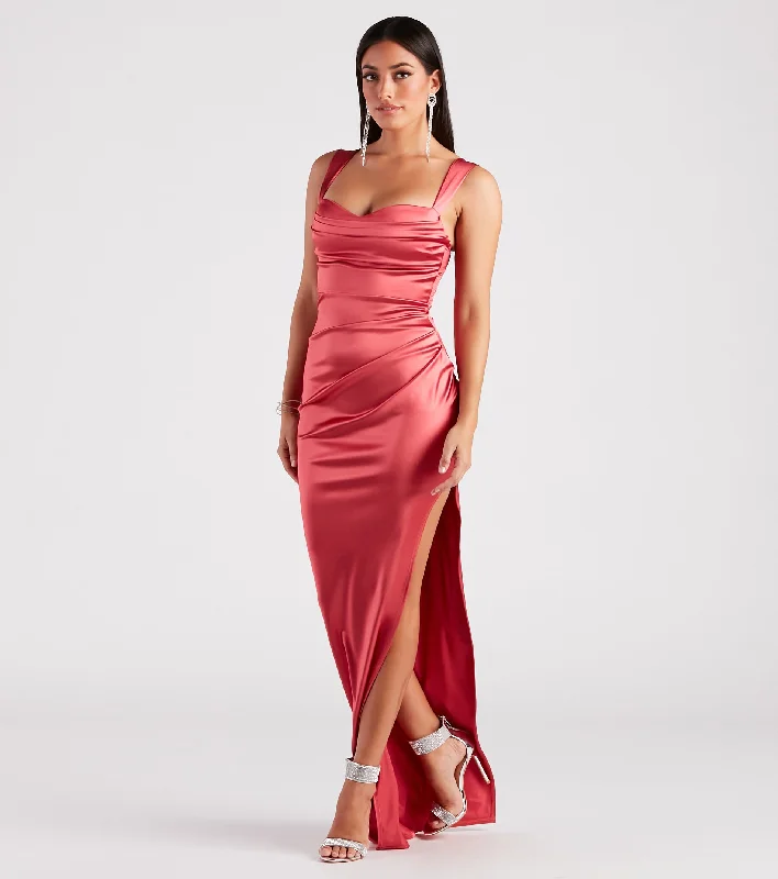 Kirsten Satin Cowl Neck High Slit Formal Dress