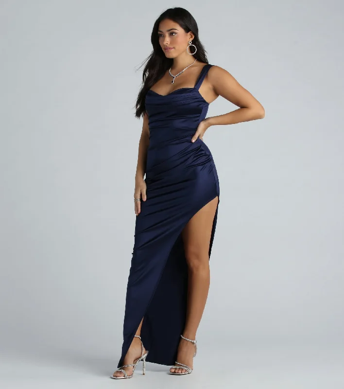 Kirsten Satin Cowl Neck High Slit Formal Dress