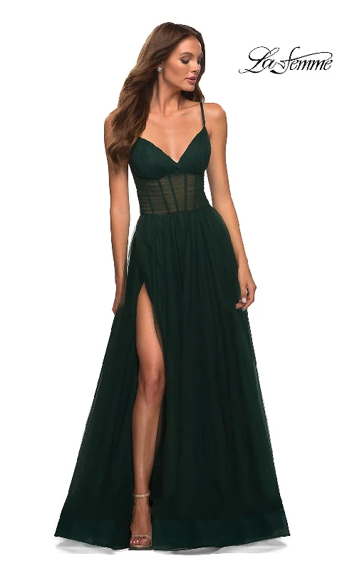 Long La Femme Prom Dress with Sheer Corset Waist