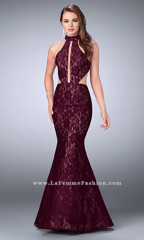 La Femme Long Lace Prom Dress with Cut Outs