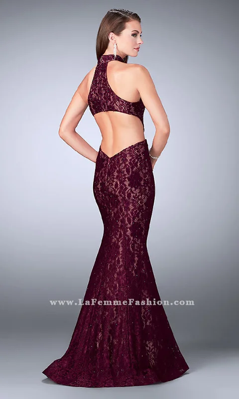 La Femme Long Lace Prom Dress with Cut Outs