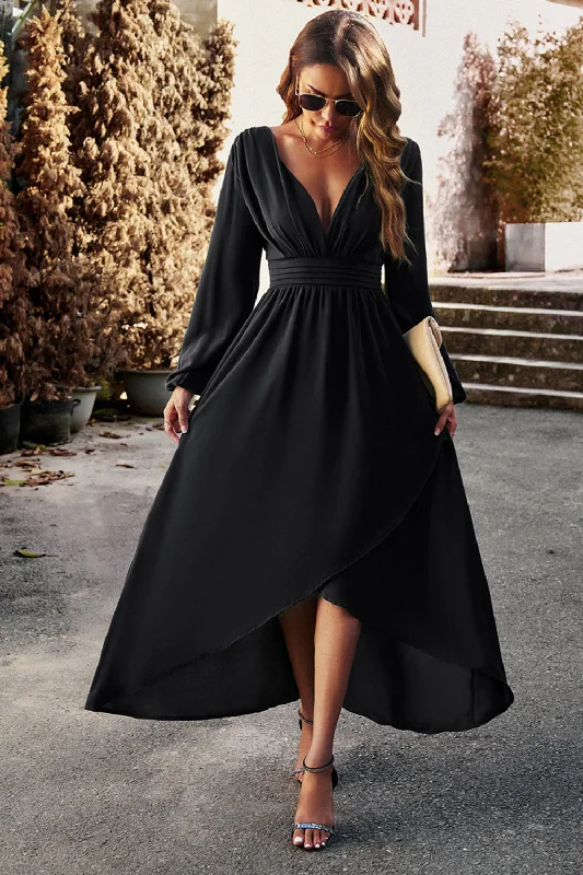 Long Sleeves Black Holiday Party Dress with Pleated