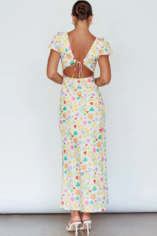 Long Summer Flutter Sleeve Maxi Dress Printed White