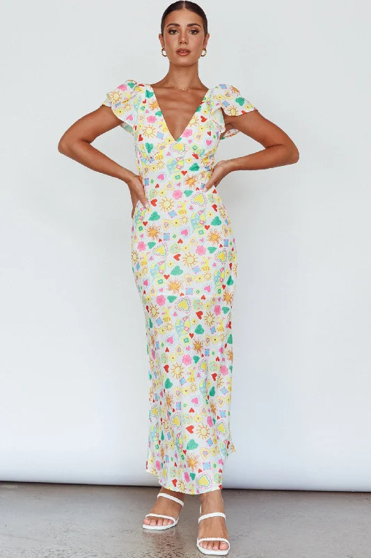 Long Summer Flutter Sleeve Maxi Dress Printed White