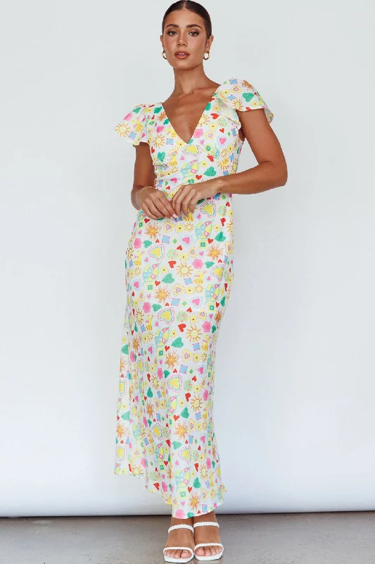 Long Summer Flutter Sleeve Maxi Dress Printed White