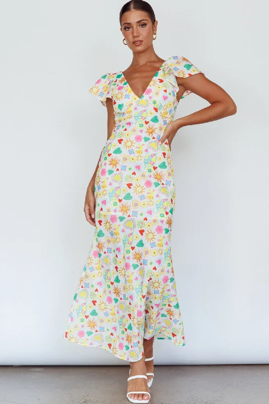 Long Summer Flutter Sleeve Maxi Dress Printed White