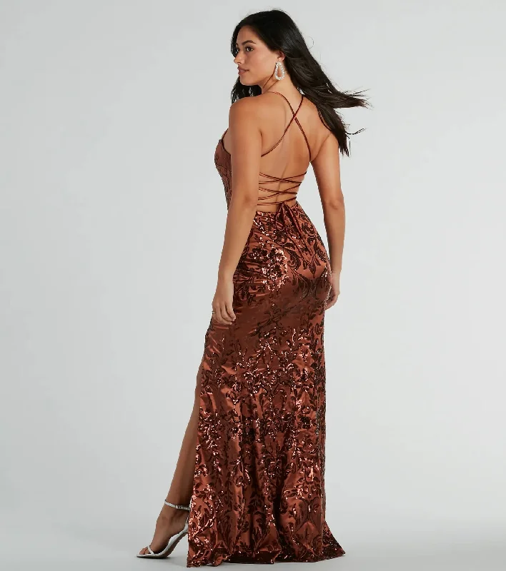 Marisol Lace-Up Mermaid Sequin Satin Formal Dress