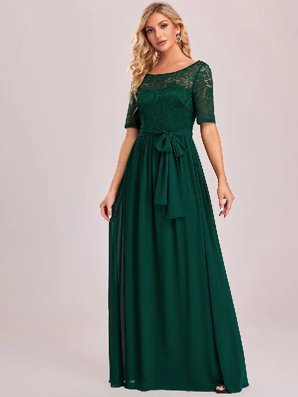 Women's Elegant Lace & Chiffon Wholesale Maxi Evening Dress with Belt