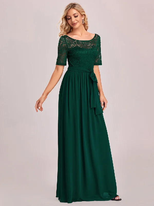 Women's Elegant Lace & Chiffon Wholesale Maxi Evening Dress with Belt