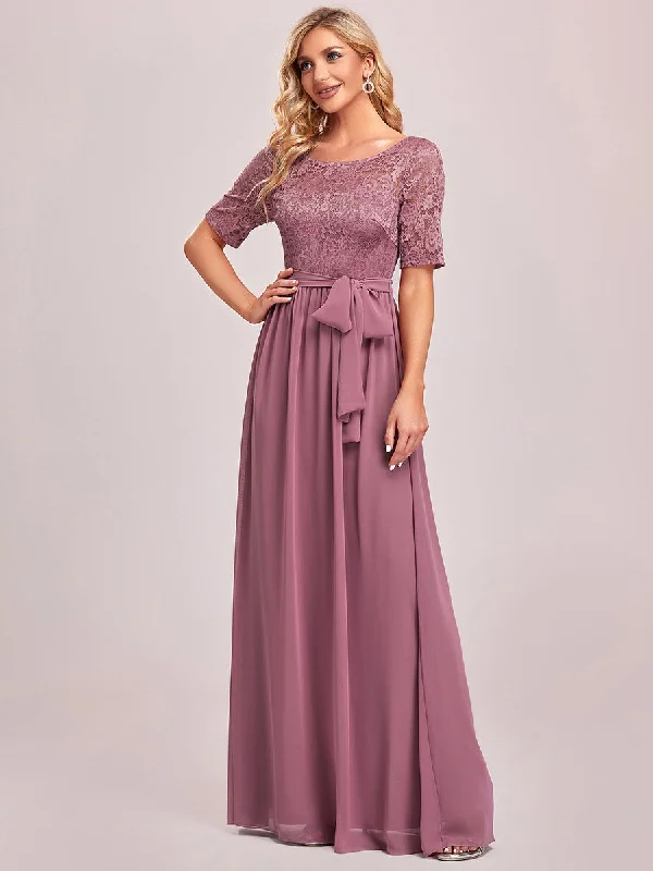 Women's Elegant Lace & Chiffon Wholesale Maxi Evening Dress with Belt